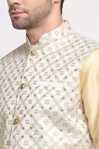 Men Silk Beige Kurta Churidar With Cream Embroided Nehru Jacket Set