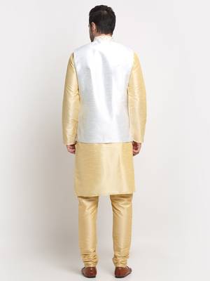 Men Silk Beige Kurta Churidar With Cream Embroided Nehru Jacket Set 3