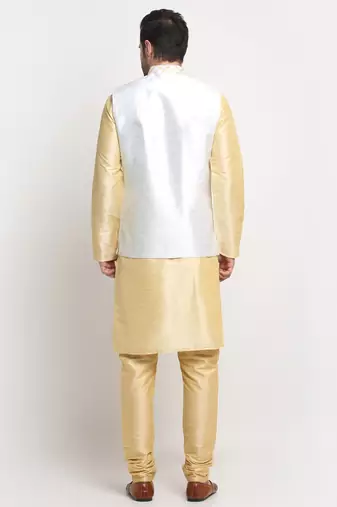 Men Silk Beige Kurta Churidar With Cream Embroided Nehru Jacket Set