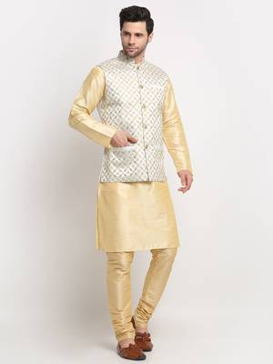 Men Silk Beige Kurta Churidar With Cream Embroided Nehru Jacket Set 4