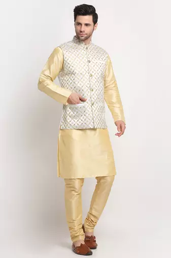 Men Silk Beige Kurta Churidar With Cream Embroided Nehru Jacket Set