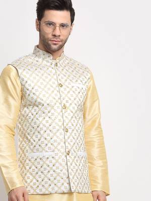Men Silk Beige Kurta Churidar With Cream Embroided Nehru Jacket Set 5