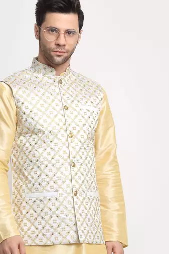 Men Silk Beige Kurta Churidar With Cream Embroided Nehru Jacket Set