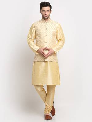 Men Silk Beige Kurta Churidar With Beige Embroided Nehru Jacket Set 1