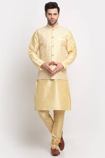 Men Silk Beige Kurta Churidar With Beige Embroided Nehru Jacket Set