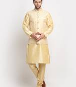 Men Silk Beige Kurta Churidar With Beige Embroided Nehru Jacket Set