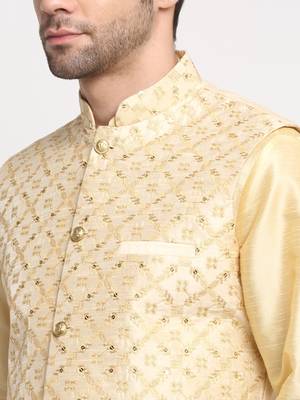 Men Silk Beige Kurta Churidar With Beige Embroided Nehru Jacket Set 2