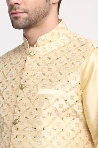 Men Silk Beige Kurta Churidar With Beige Embroided Nehru Jacket Set