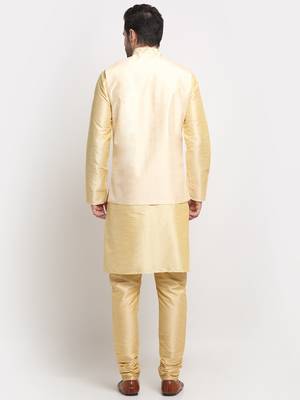 Men Silk Beige Kurta Churidar With Beige Embroided Nehru Jacket Set 3