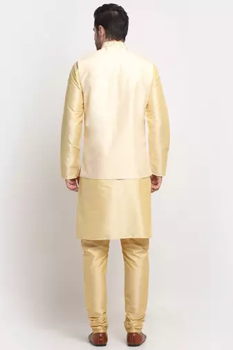 Men Silk Beige Kurta Churidar With Beige Embroided Nehru Jacket Set