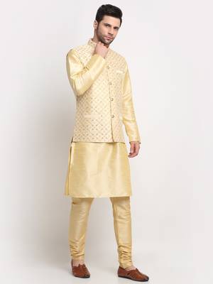 Men Silk Beige Kurta Churidar With Beige Embroided Nehru Jacket Set 4