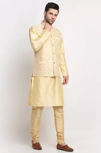 Men Silk Beige Kurta Churidar With Beige Embroided Nehru Jacket Set