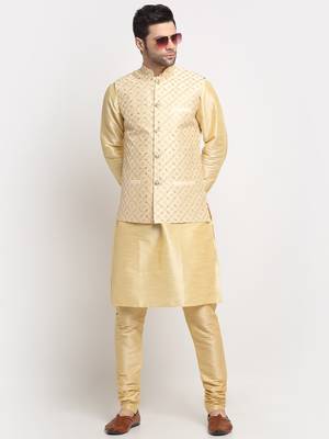 Men Silk Beige Kurta Churidar With Beige Embroided Nehru Jacket Set 5