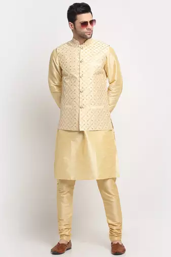 Men Silk Beige Kurta Churidar With Beige Embroided Nehru Jacket Set