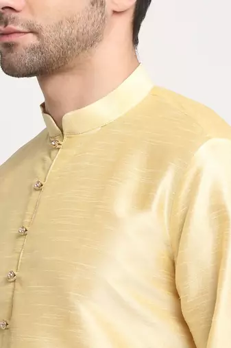 Men Silk Beige Kurta Churidar With Beige Embroided Nehru Jacket Set