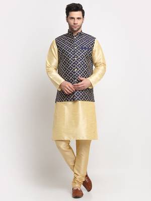 Men Silk Beige Kurta Churidar With Navy Blue Embroided Nehru Jacket Set 1