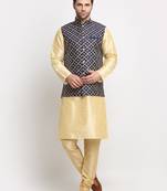 Men Silk Beige Kurta Churidar With Navy Blue Embroided Nehru Jacket Set