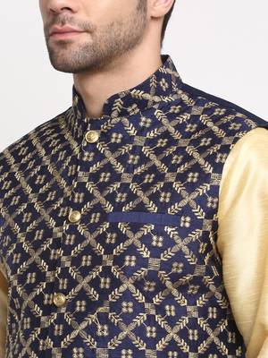 Men Silk Beige Kurta Churidar With Navy Blue Embroided Nehru Jacket Set 2