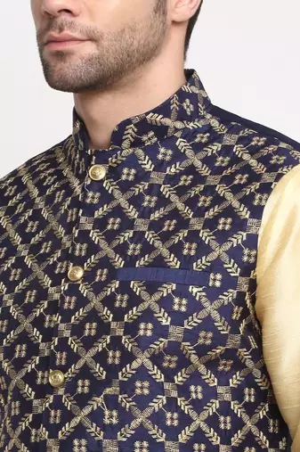 Men Silk Beige Kurta Churidar With Navy Blue Embroided Nehru Jacket Set