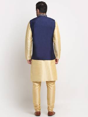 Men Silk Beige Kurta Churidar With Navy Blue Embroided Nehru Jacket Set 3