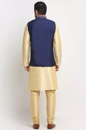 Men Silk Beige Kurta Churidar With Navy Blue Embroided Nehru Jacket Set