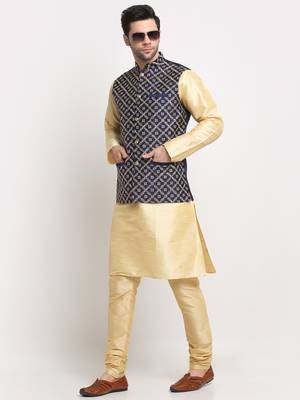 Men Silk Beige Kurta Churidar With Navy Blue Embroided Nehru Jacket Set 4