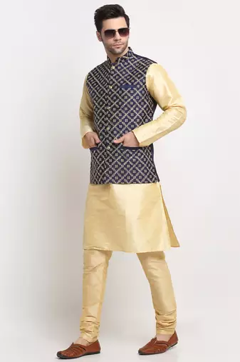 Men Silk Beige Kurta Churidar With Navy Blue Embroided Nehru Jacket Set