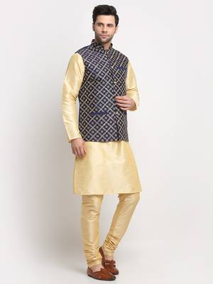 Men Silk Beige Kurta Churidar With Navy Blue Embroided Nehru Jacket Set 5