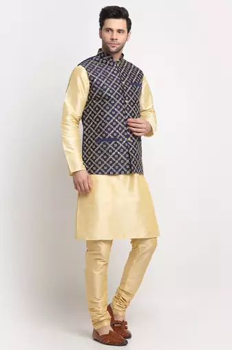 Men Silk Beige Kurta Churidar With Navy Blue Embroided Nehru Jacket Set
