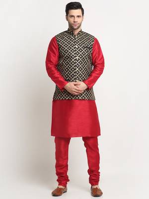 Men Silk Maroon Kurta Churidar With Black Embroided Nehru Jacket Set 1