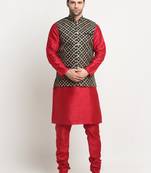Men Silk Maroon Kurta Churidar With Black Embroided Nehru Jacket Set