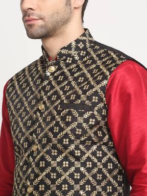 Men Silk Maroon Kurta Churidar With Black Embroided Nehru Jacket Set 2