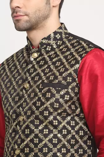 Men Silk Maroon Kurta Churidar With Black Embroided Nehru Jacket Set