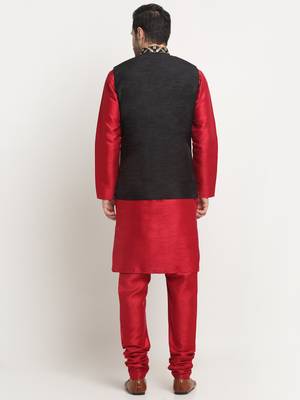 Men Silk Maroon Kurta Churidar With Black Embroided Nehru Jacket Set 3