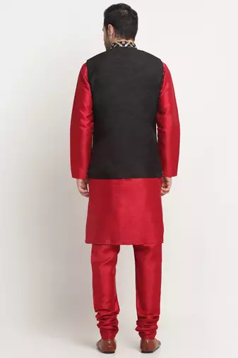 Men Silk Maroon Kurta Churidar With Black Embroided Nehru Jacket Set