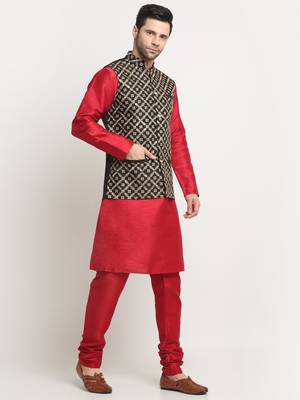 Men Silk Maroon Kurta Churidar With Black Embroided Nehru Jacket Set 4