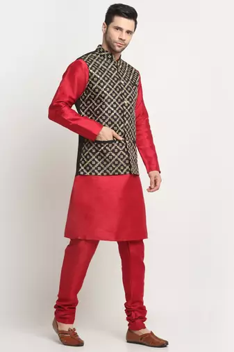 Men Silk Maroon Kurta Churidar With Black Embroided Nehru Jacket Set