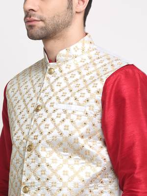 Men Silk Maroon Kurta Churidar With Cream Embroided Nehru Jacket Set 2