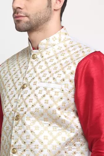 Men Silk Maroon Kurta Churidar With Cream Embroided Nehru Jacket Set