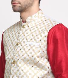 Men Silk Maroon Kurta Churidar With Cream Embroided Nehru Jacket Set