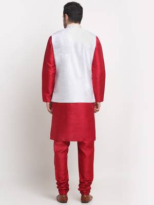 Men Silk Maroon Kurta Churidar With Cream Embroided Nehru Jacket Set 3