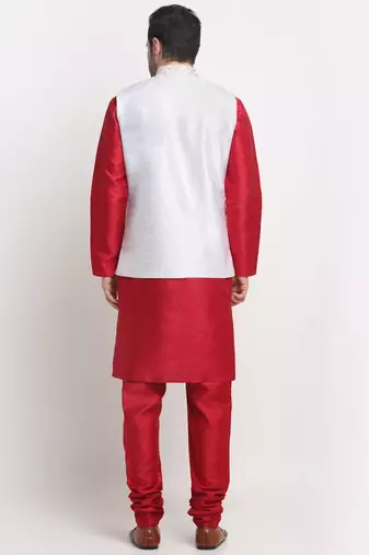 Men Silk Maroon Kurta Churidar With Cream Embroided Nehru Jacket Set