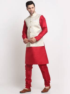 Men Silk Maroon Kurta Churidar With Cream Embroided Nehru Jacket Set 1