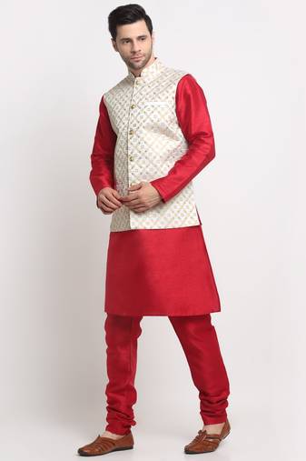 Men Silk Maroon Kurta Churidar With Cream Embroided Nehru Jacket Set