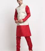 Men Silk Maroon Kurta Churidar With Cream Embroided Nehru Jacket Set