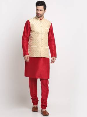Men Silk Maroon Kurta Churidar With Beige Embroided Nehru Jacket Set 1