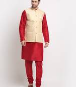 Men Silk Maroon Kurta Churidar With Beige Embroided Nehru Jacket Set