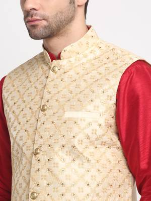 Men Silk Maroon Kurta Churidar With Beige Embroided Nehru Jacket Set 2