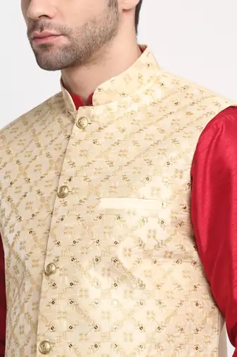 Men Silk Maroon Kurta Churidar With Beige Embroided Nehru Jacket Set