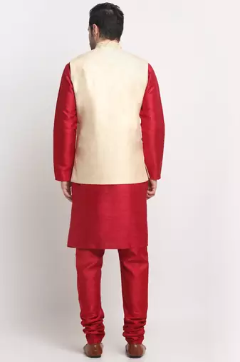Men Silk Maroon Kurta Churidar With Beige Embroided Nehru Jacket Set